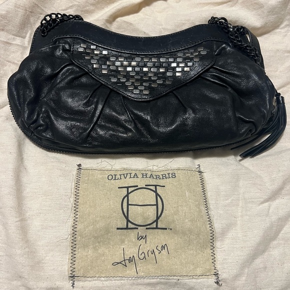 Olivia Harris Black Leather Crossbody/Clutch Bag with Detachable Strap - Picture 1 of 8